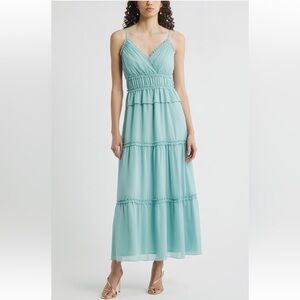 Chelsea28 teal aquifer Micro Ruffle Peplum Maxi Dress